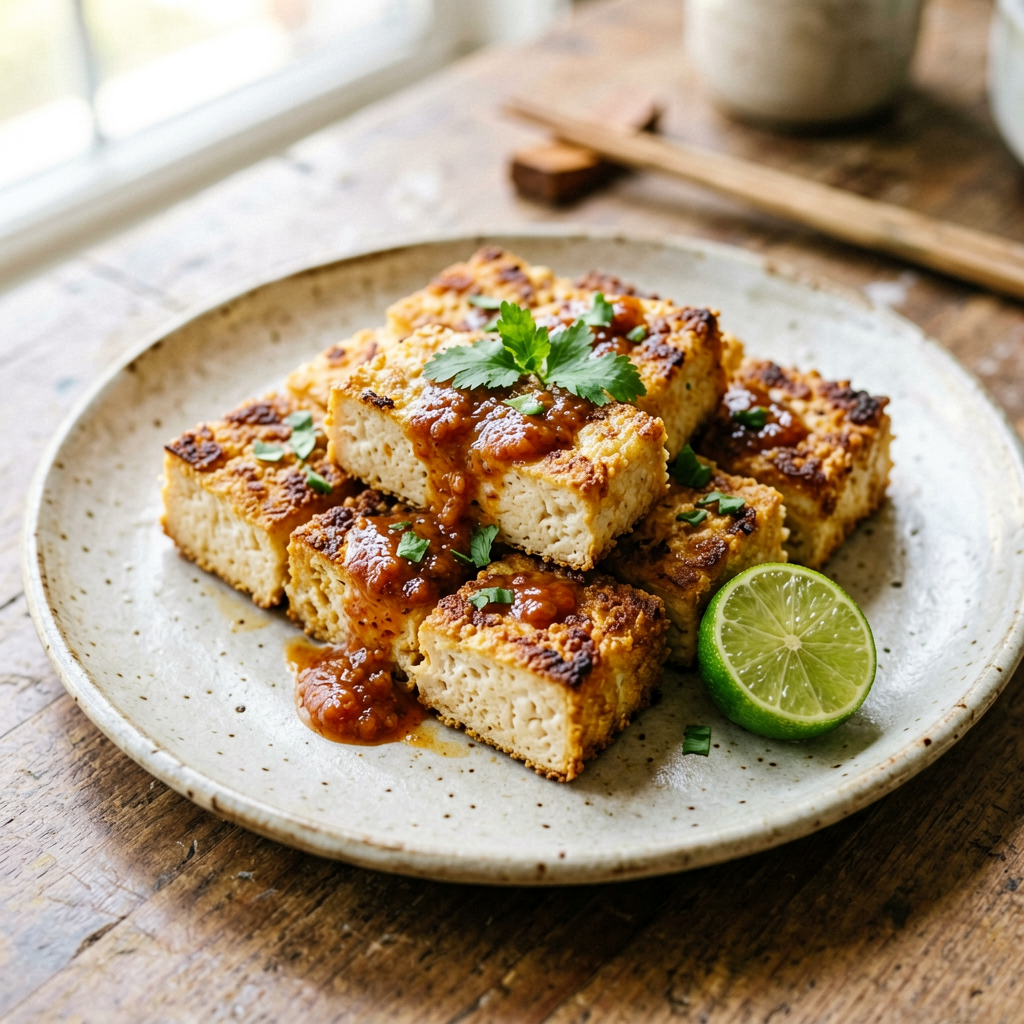 Finished Crispy Baked Tofu with Sriracha-Lime Gl beautifully plated, professional food photography, natural lighting