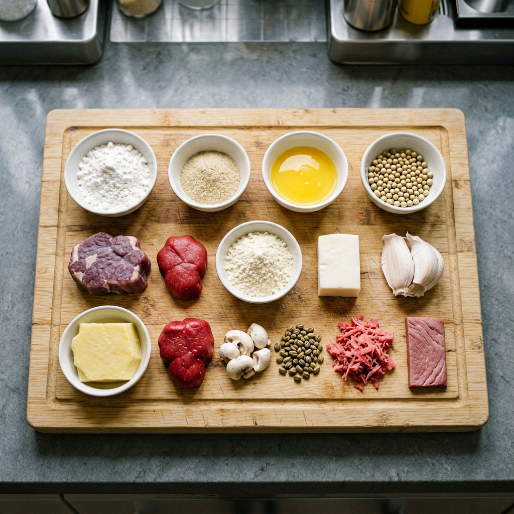 Ingredients prepped and organized on cutting board, mise en place, professional kitchen setup