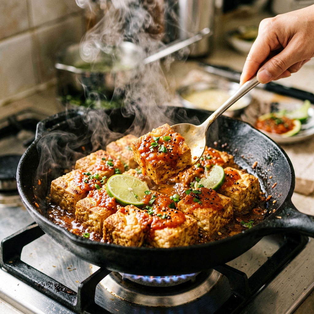 Cooking process shot, Crispy Baked Tofu with Sriracha-Lime Gl in pan, steam rising, professional action photography