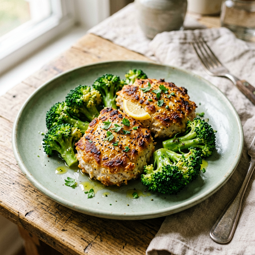 Finished **Crispy Lemon-Herb Skillet Chicken Cutlets with Pan-Roasted Broccoli** beautifully plated, professional food photography, natural lighting