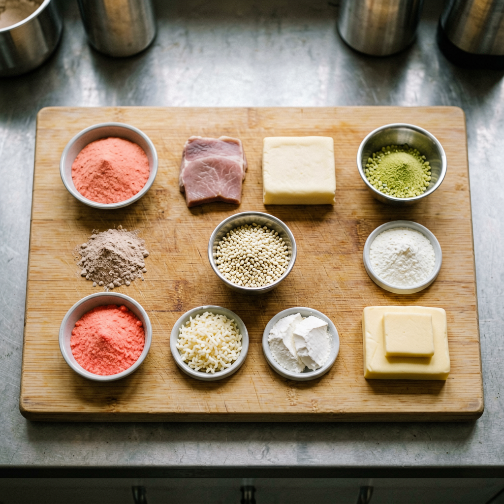 Ingredients prepped and organized on cutting board, mise en place, professional kitchen setup