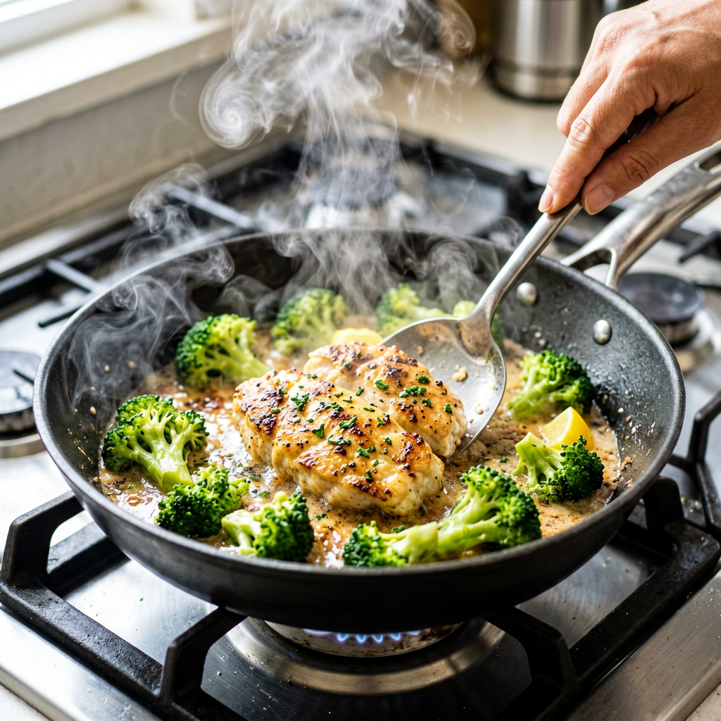 Cooking process shot, **Crispy Lemon-Herb Skillet Chicken Cutlets with Pan-Roasted Broccoli** in pan, steam rising, professional action photography