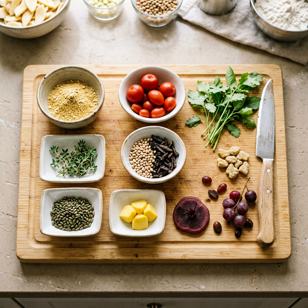 Ingredients prepped and organized on cutting board, mise en place, professional kitchen setup