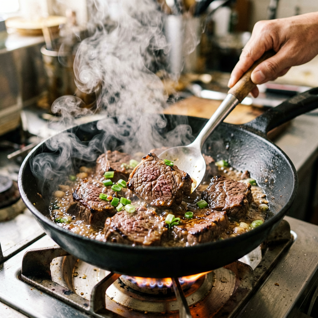 Cooking process shot, Easy Asian Beef Roast in pan, steam rising, professional action photography