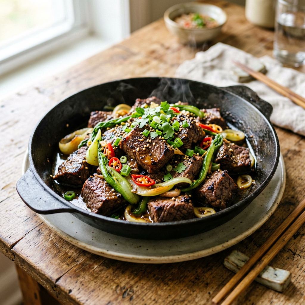 Finished Easy Asian Beef Skillet beautifully plated, professional food photography, natural lighting