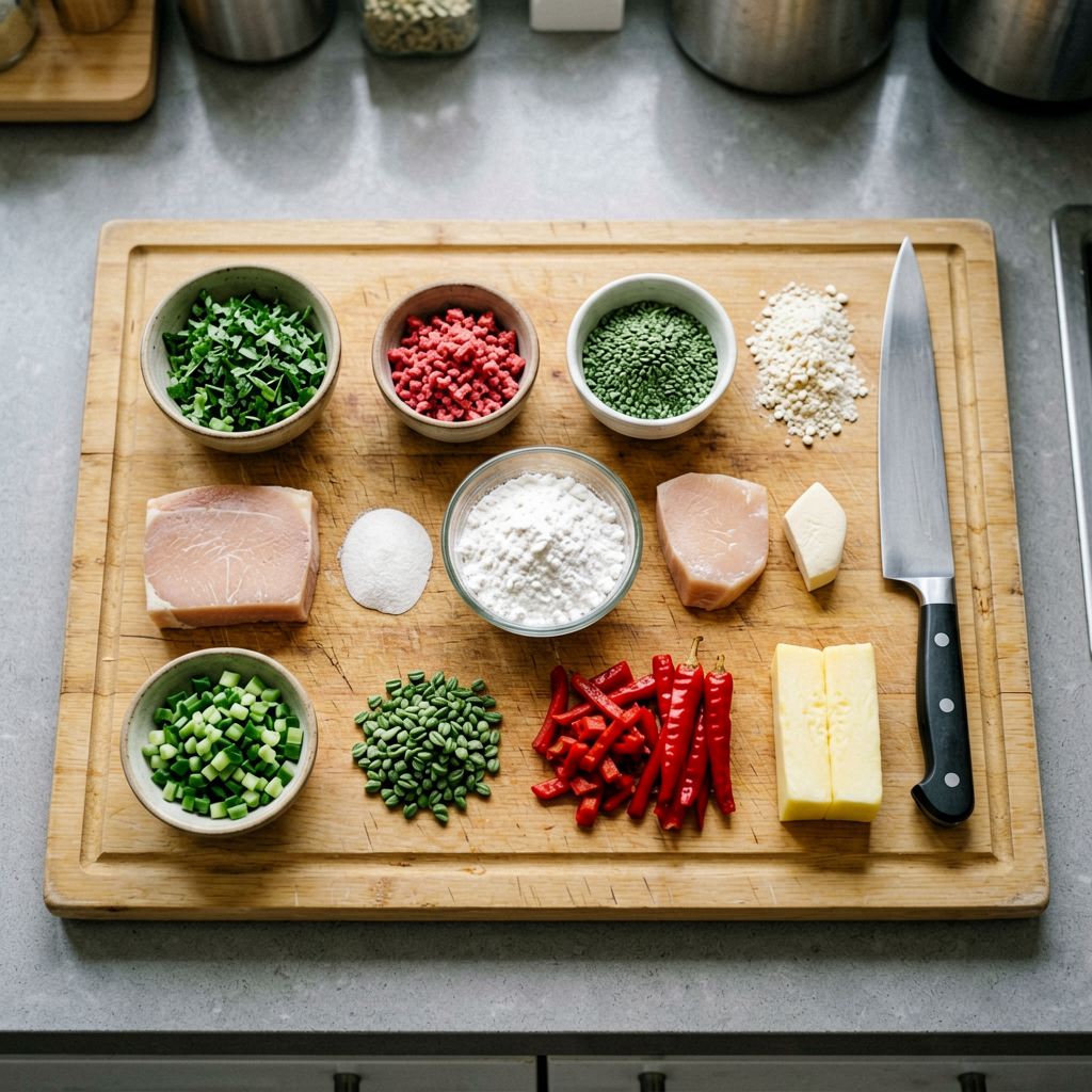 Ingredients prepped and organized on cutting board, mise en place, professional kitchen setup