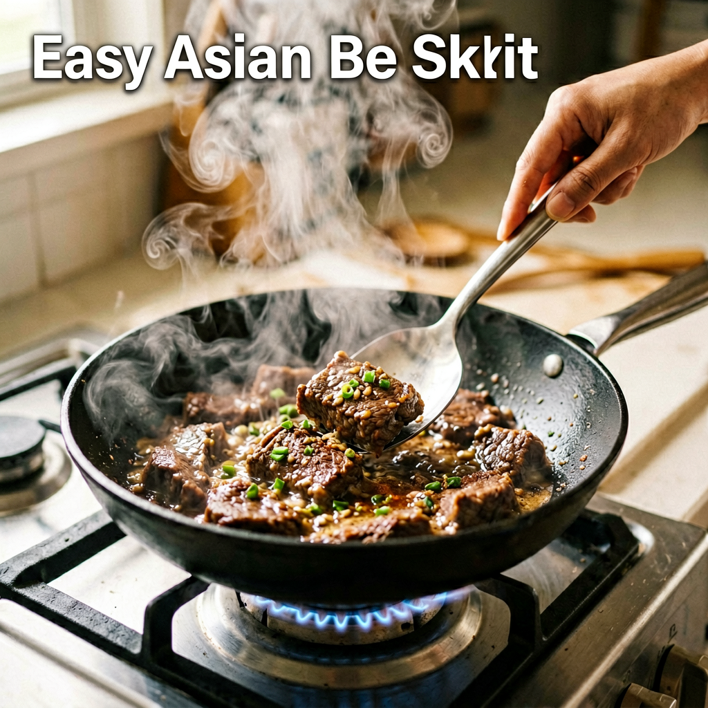 Cooking process shot, Easy Asian Beef Skillet in pan, steam rising, professional action photography