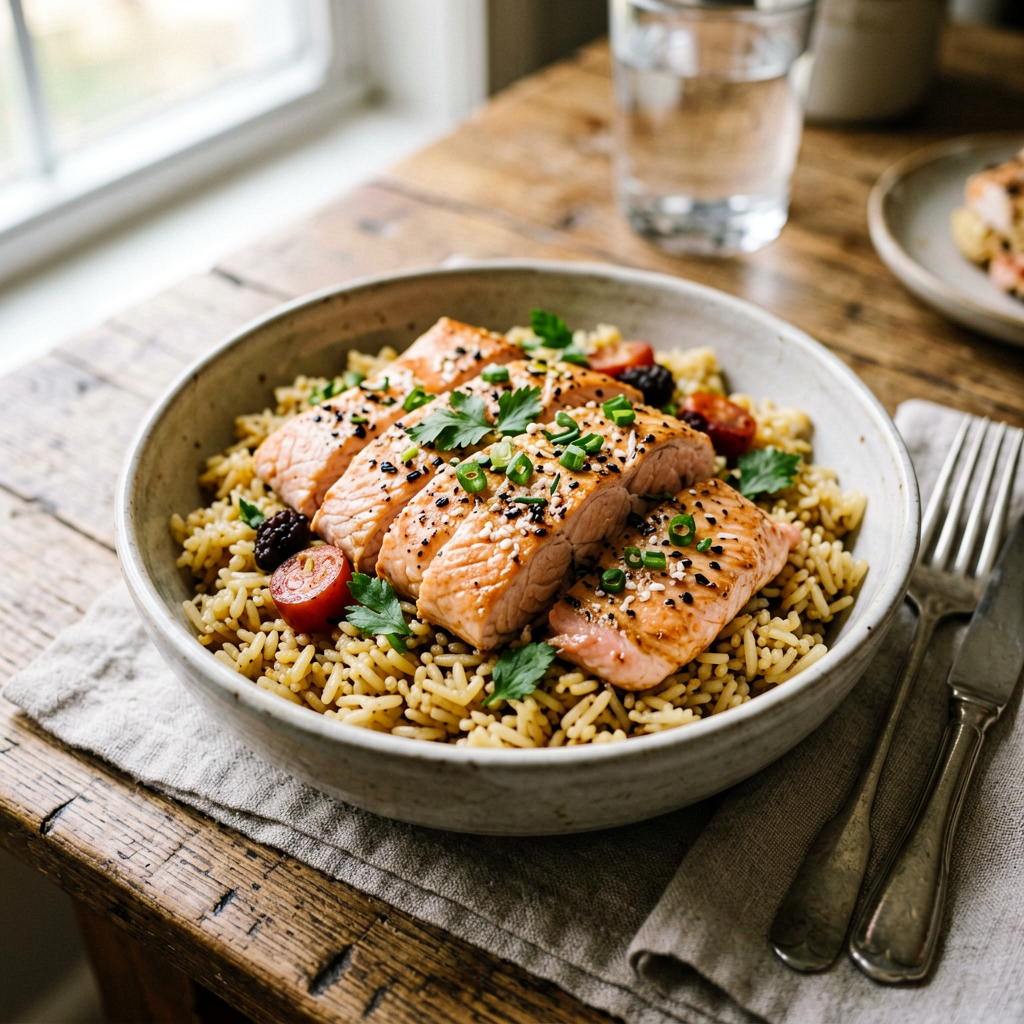 Finished Easy Mexican Salmon Bowl beautifully plated, professional food photography, natural lighting