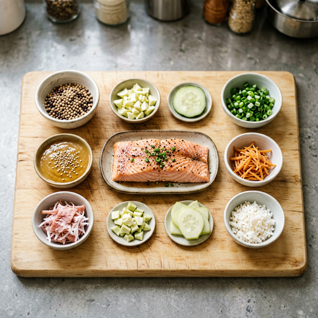 Ingredients prepped and organized on cutting board, mise en place, professional kitchen setup