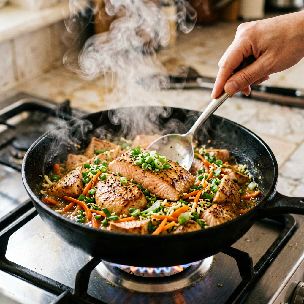 Cooking process shot, Easy Mexican Salmon Bowl in pan, steam rising, professional action photography