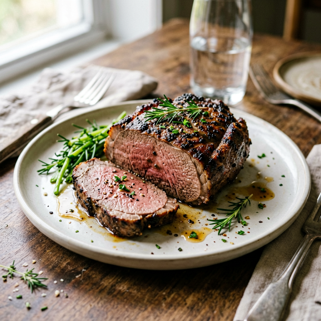 Finished Easy One-Pan Beef Roast beautifully plated, professional food photography, natural lighting