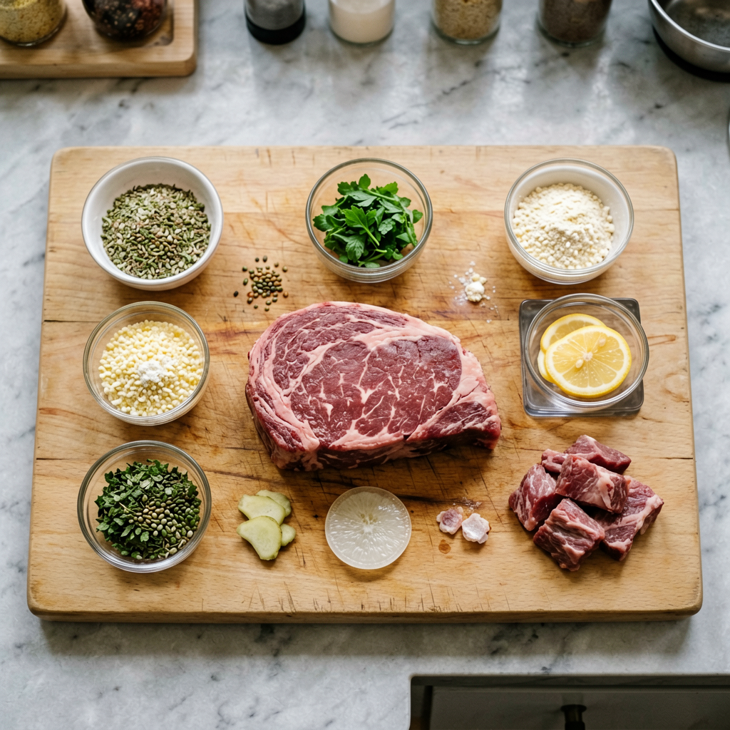 Ingredients prepped and organized on cutting board, mise en place, professional kitchen setup