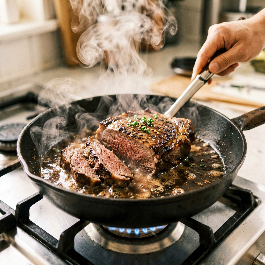 Cooking process shot, Easy One-Pan Beef Roast in pan, steam rising, professional action photography