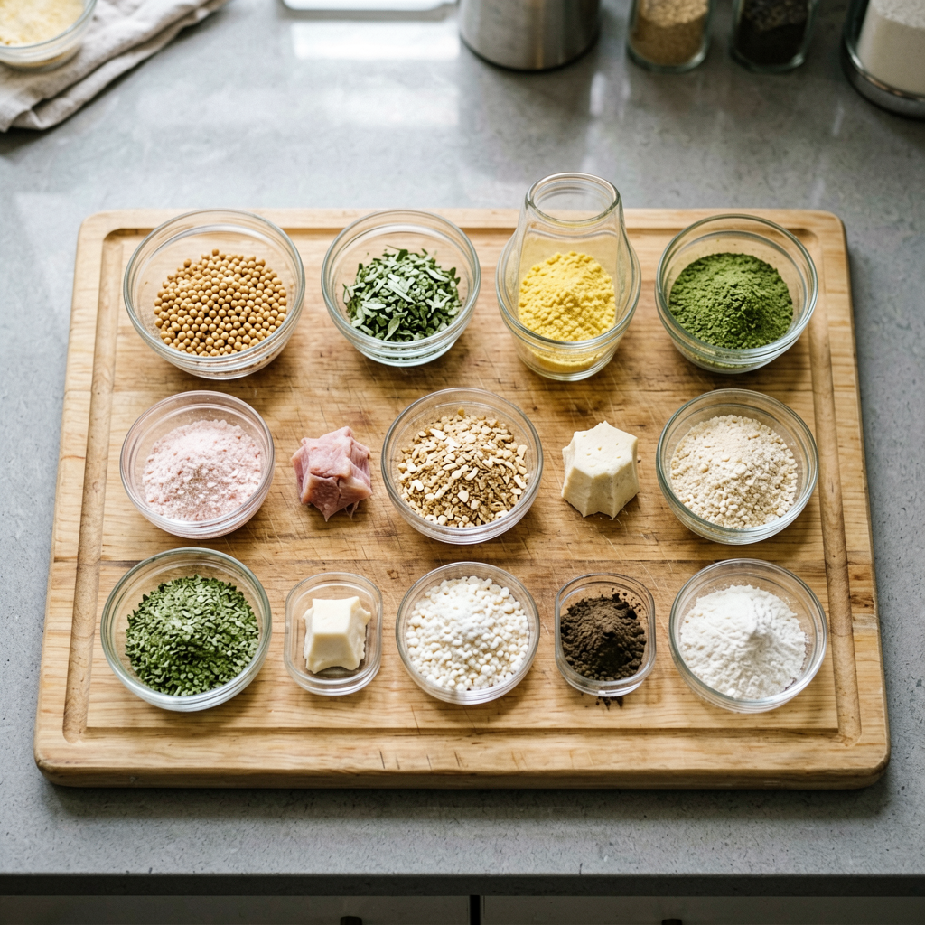 Ingredients prepped and organized on cutting board, mise en place, professional kitchen setup