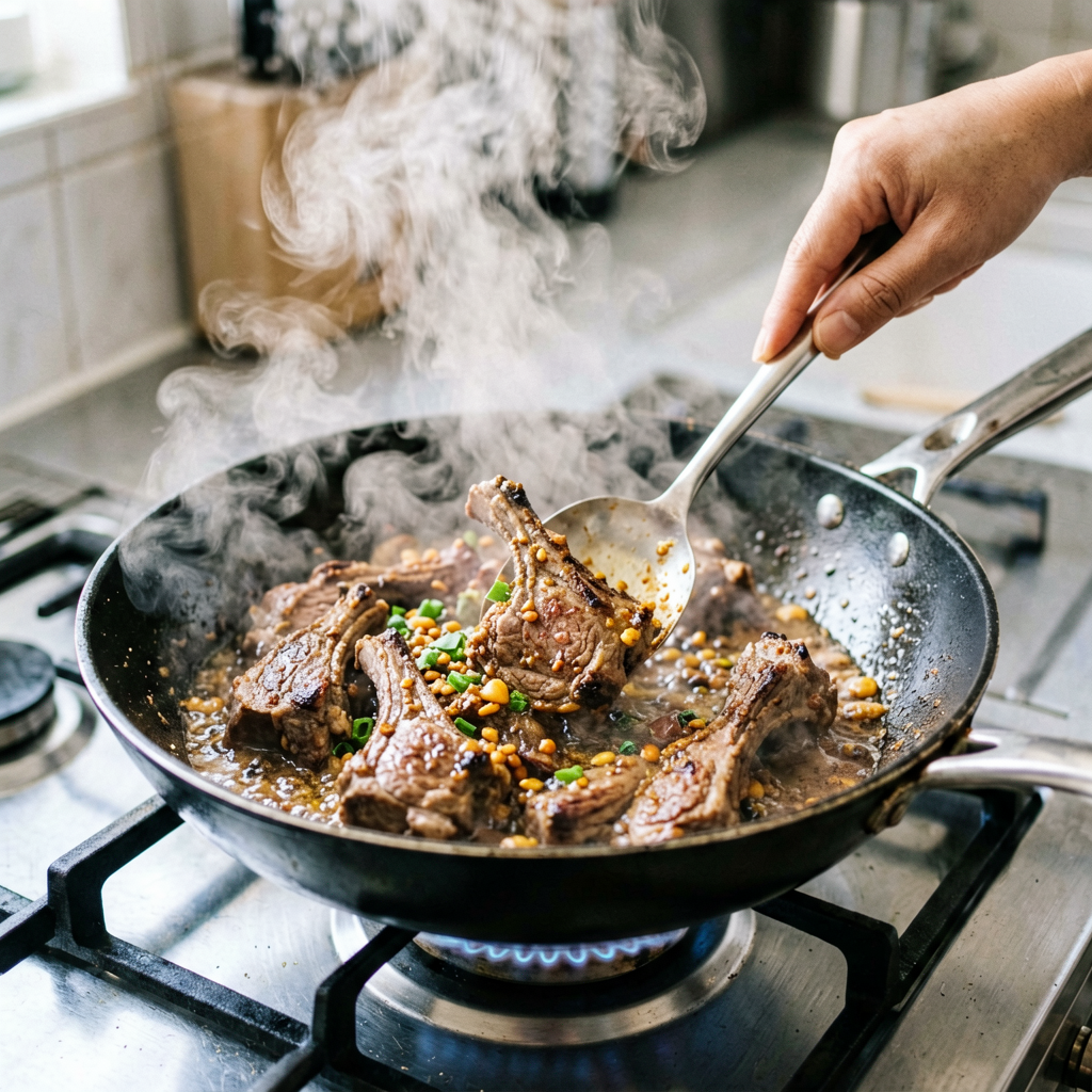 Cooking process shot, French Lamb Stir Fry for Meal Prep in pan, steam rising, professional action photography