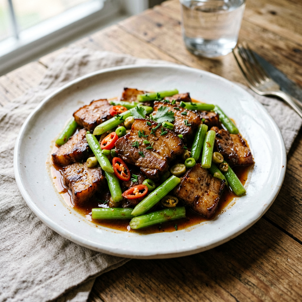 Finished French Pork Stir Fry for Meal Prep beautifully plated, professional food photography, natural lighting