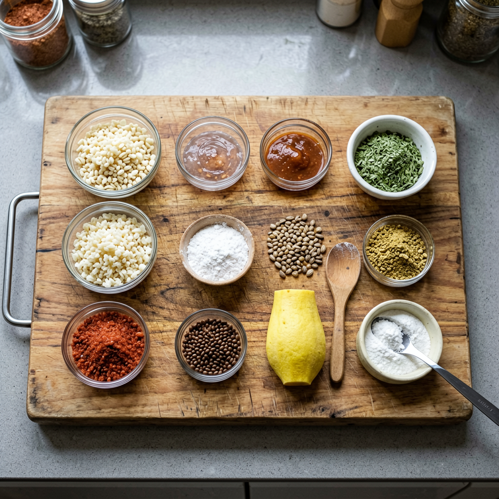 Ingredients prepped and organized on cutting board, mise en place, professional kitchen setup