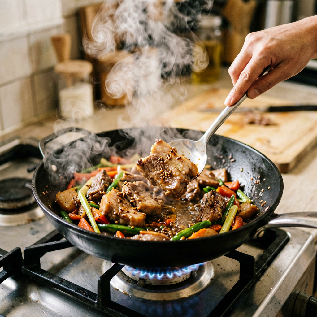 Cooking process shot, French Pork Stir Fry for Meal Prep in pan, steam rising, professional action photography