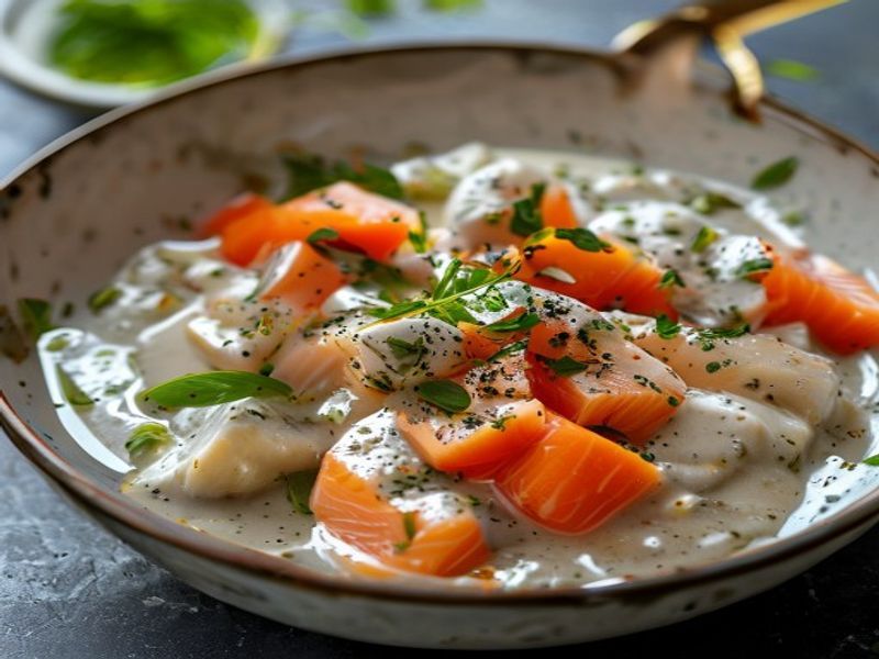 Finished High-Protein Salmon Bowl with Creamy Garlic Sauce beautifully plated, professional food photography, natural lighting