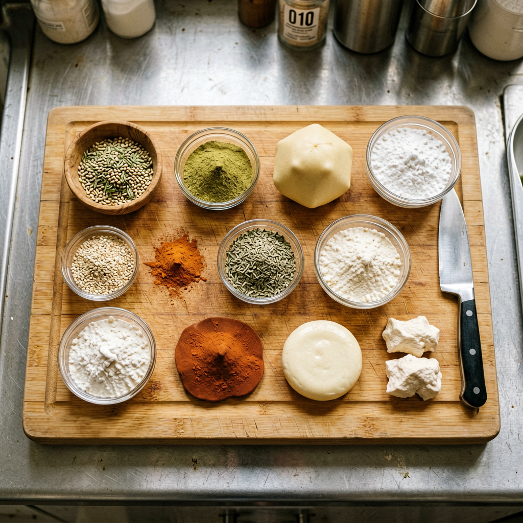 Ingredients prepped and organized on cutting board, mise en place, professional kitchen setup