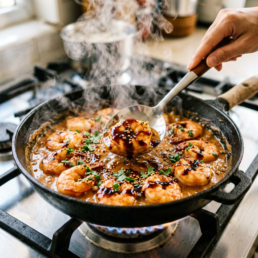 Cooking process shot, High-Protein Shrimp Curry with Teriyaki Glaze in pan, steam rising, professional action photography
