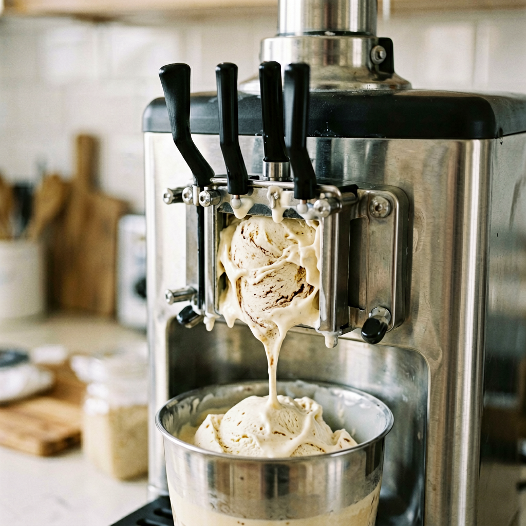 Close up detail shot of ice cream maker in use, shallow depth of field, realistic product photography