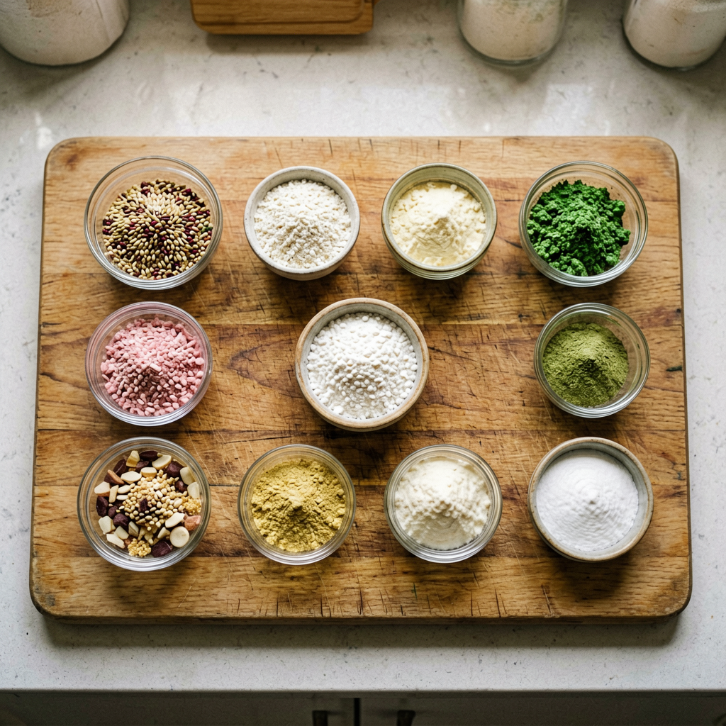 Ingredients prepped and organized on cutting board, mise en place, professional kitchen setup