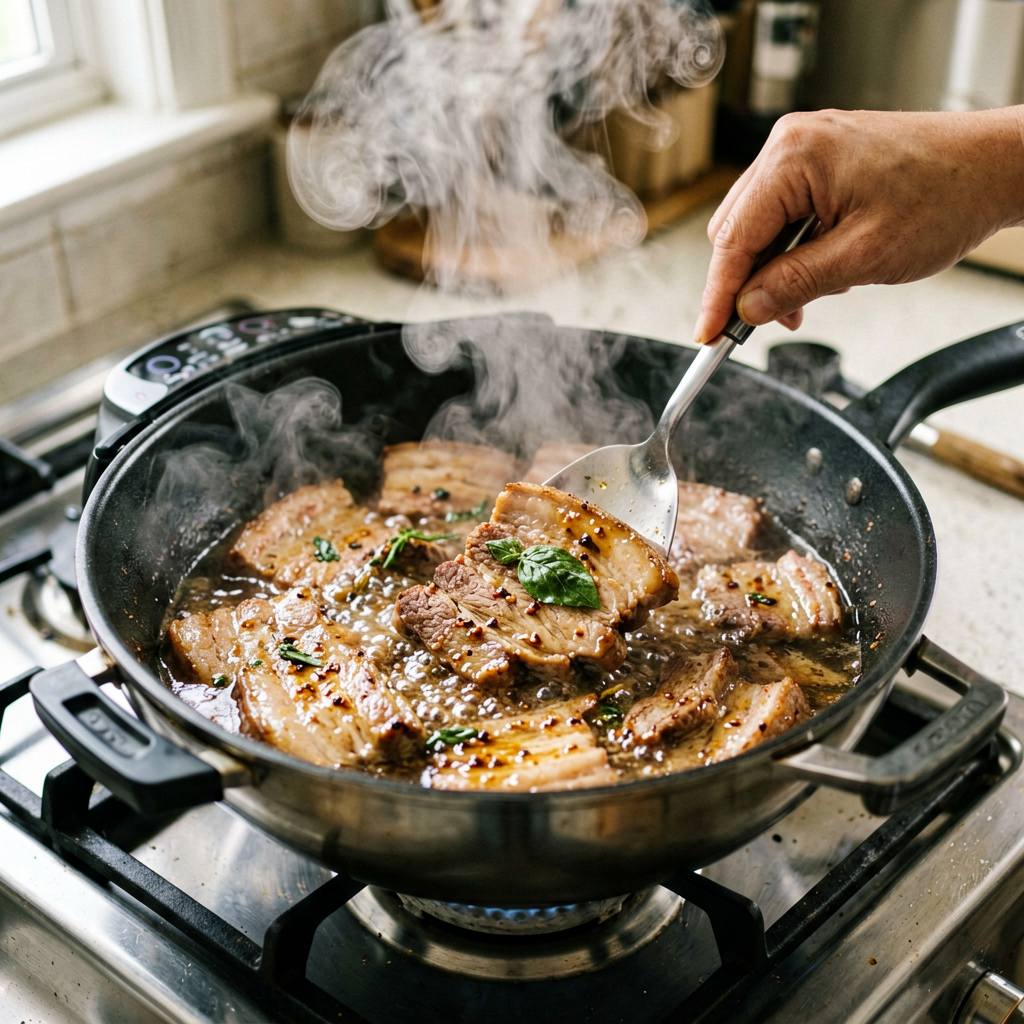 Cooking process shot, Instant Pot Pork with Spicy and Rosemary (Improved 2026) in pan, steam rising, professional action photography