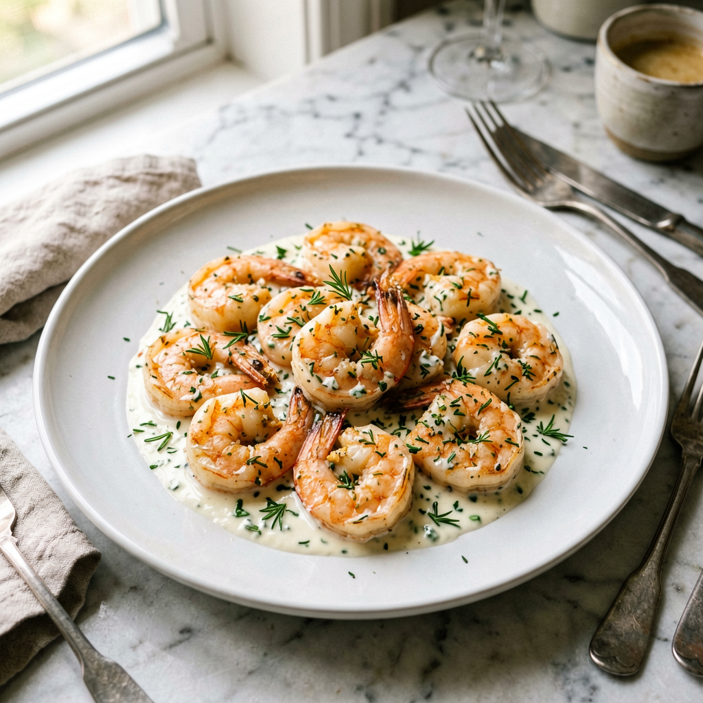 Finished Instant Pot Shrimp with Creamy and Rosemary beautifully plated, professional food photography, natural lighting