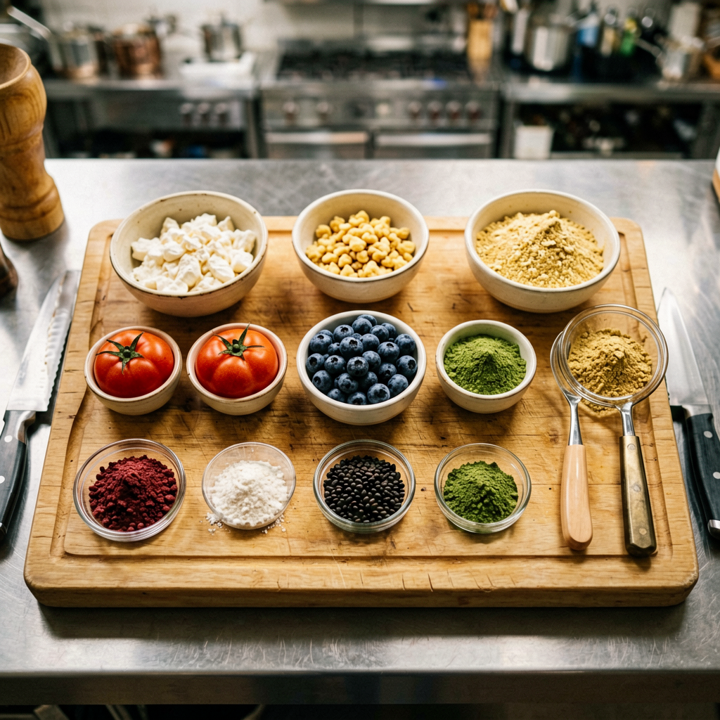Ingredients prepped and organized on cutting board, mise en place, professional kitchen setup