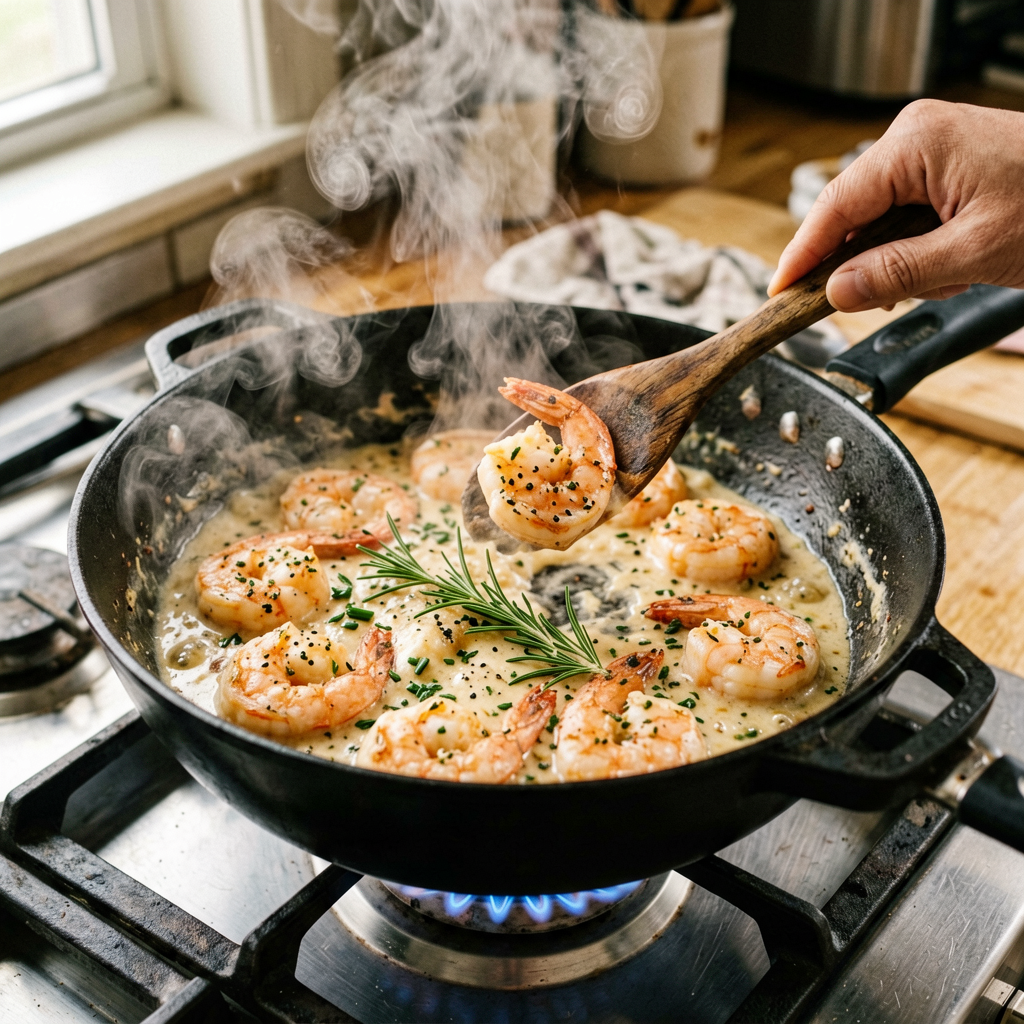 Cooking process shot, Instant Pot Shrimp with Creamy and Rosemary in pan, steam rising, professional action photography