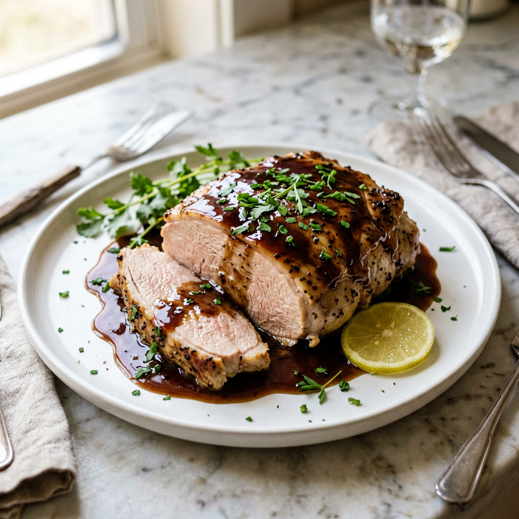 Finished Keto-Friendly Chicken Roast with Teriyaki Glaze beautifully plated, professional food photography, natural lighting