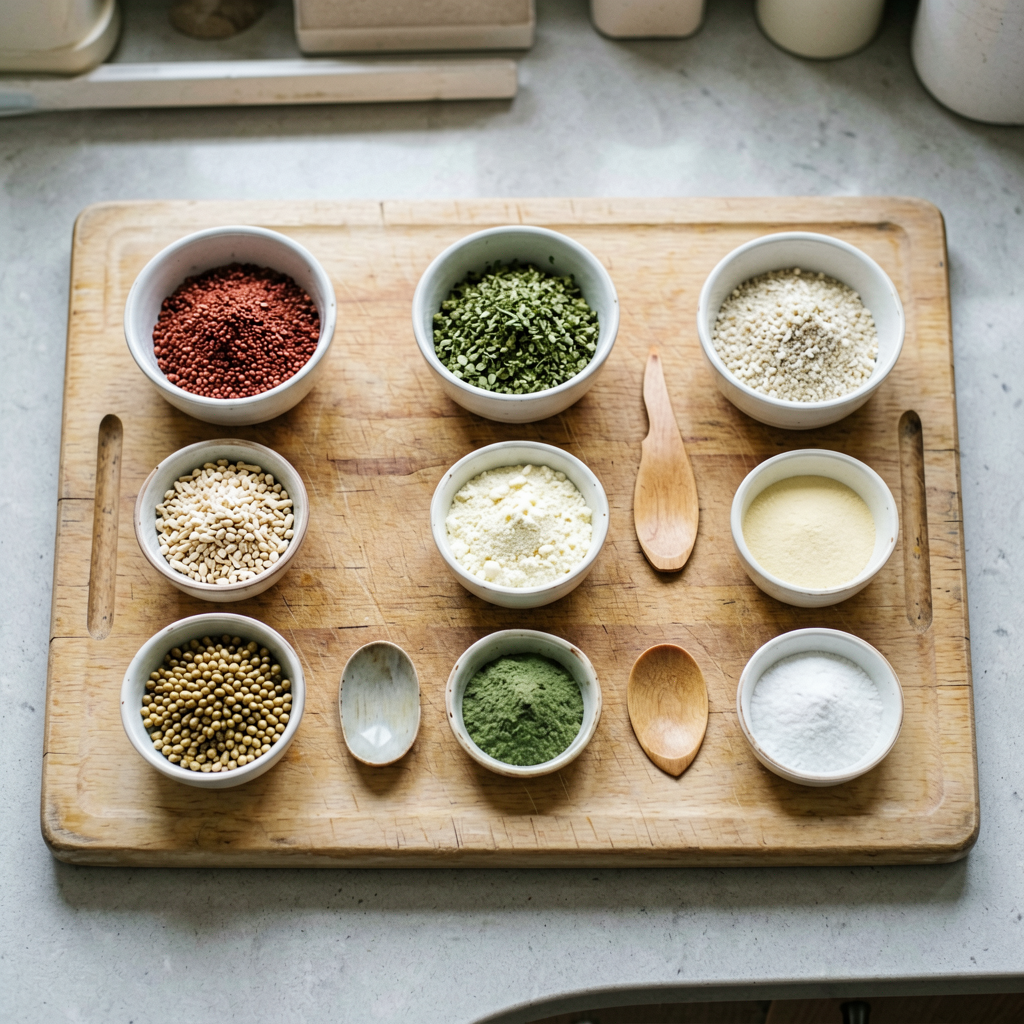 Ingredients prepped and organized on cutting board, mise en place, professional kitchen setup