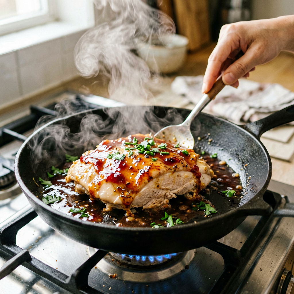 Cooking process shot, Keto-Friendly Chicken Roast with Teriyaki Glaze in pan, steam rising, professional action photography