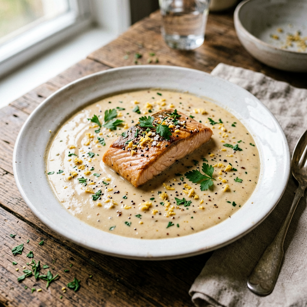 Keto-Friendly Salmon Soup with Creamy Garlic Sauce