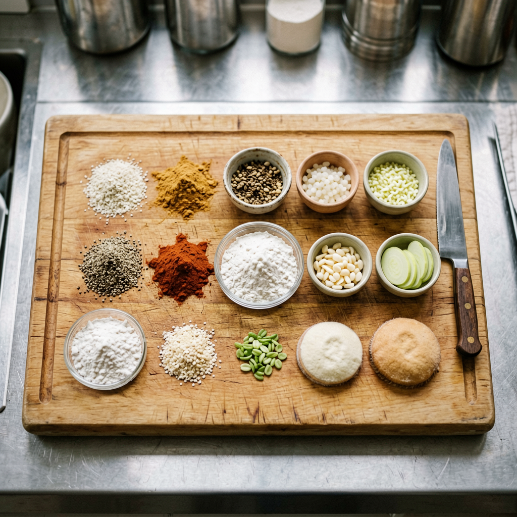 Ingredients prepped and organized on cutting board, mise en place, professional kitchen setup