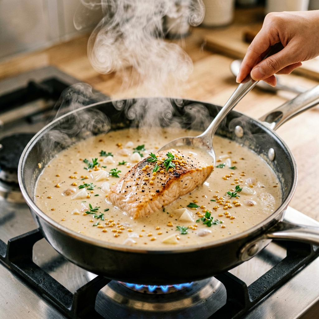Cooking process shot, Keto-Friendly Salmon Soup with Creamy Garlic Sauce in pan, steam rising, professional action photography