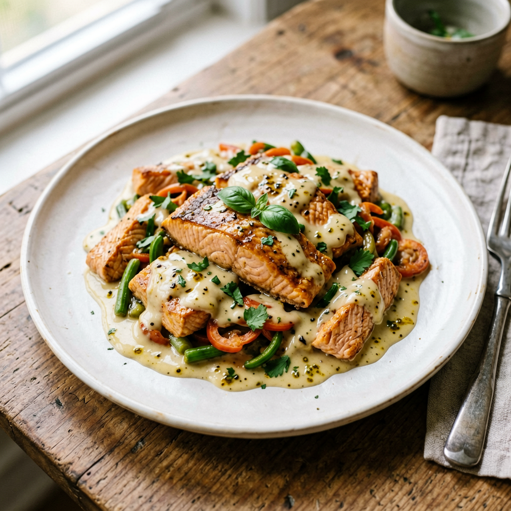 Finished Keto-Friendly Salmon Stir Fry with Creamy Garlic Sauce beautifully plated, professional food photography, natural lighting