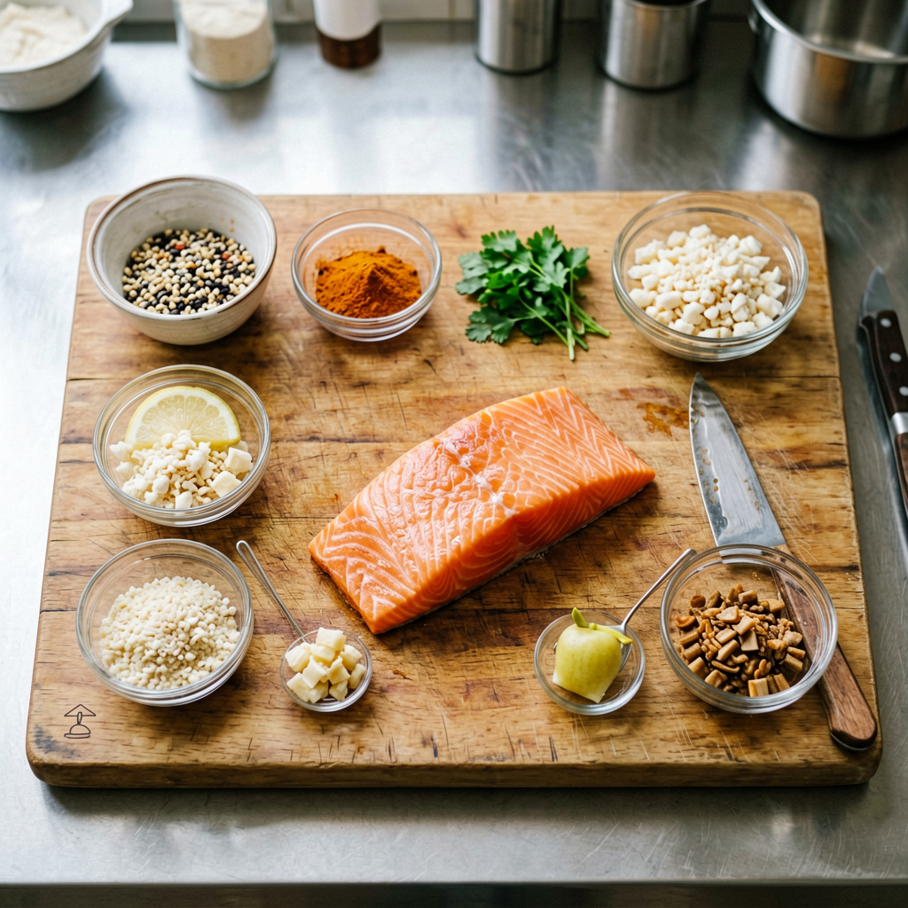 Ingredients prepped and organized on cutting board, mise en place, professional kitchen setup