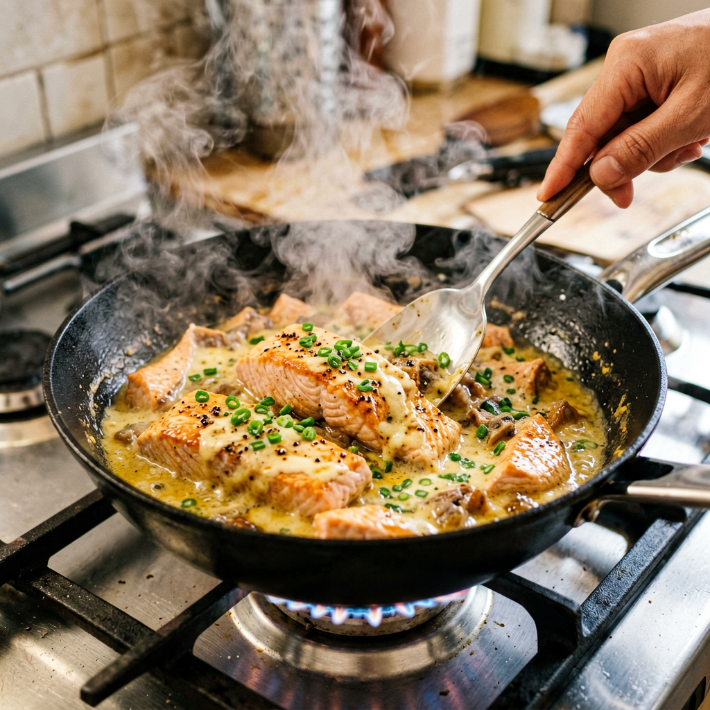 Cooking process shot, Keto-Friendly Salmon Stir Fry with Creamy Garlic Sauce in pan, steam rising, professional action photography