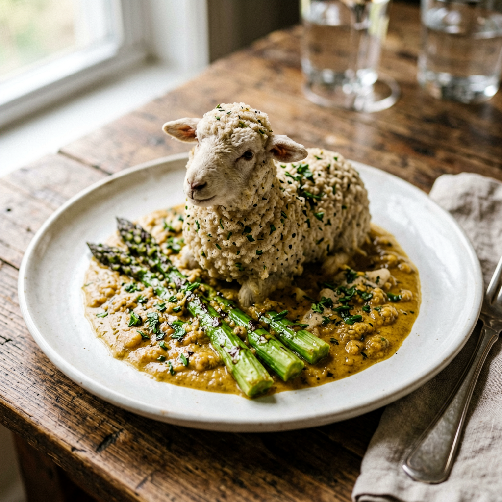 Finished Lamb and Asparagus Curry (American) beautifully plated, professional food photography, natural lighting