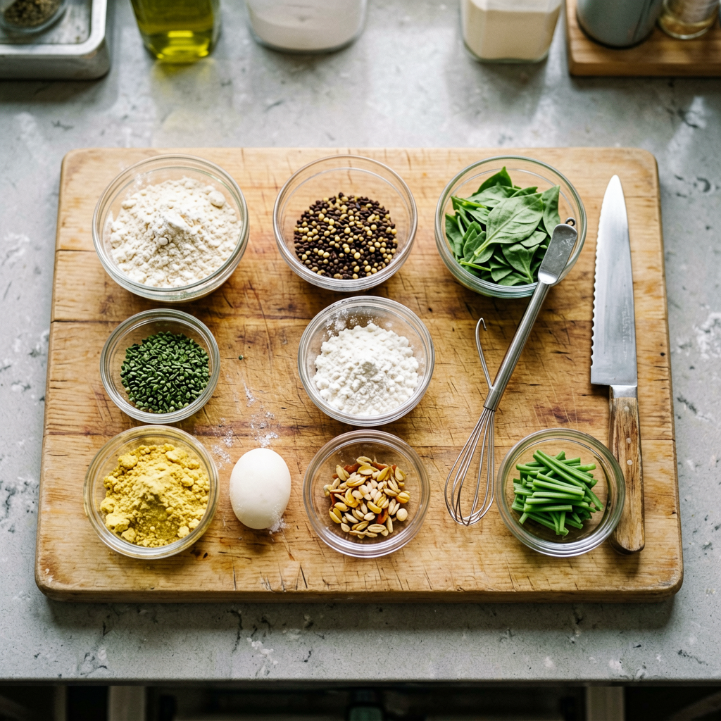 Ingredients prepped and organized on cutting board, mise en place, professional kitchen setup