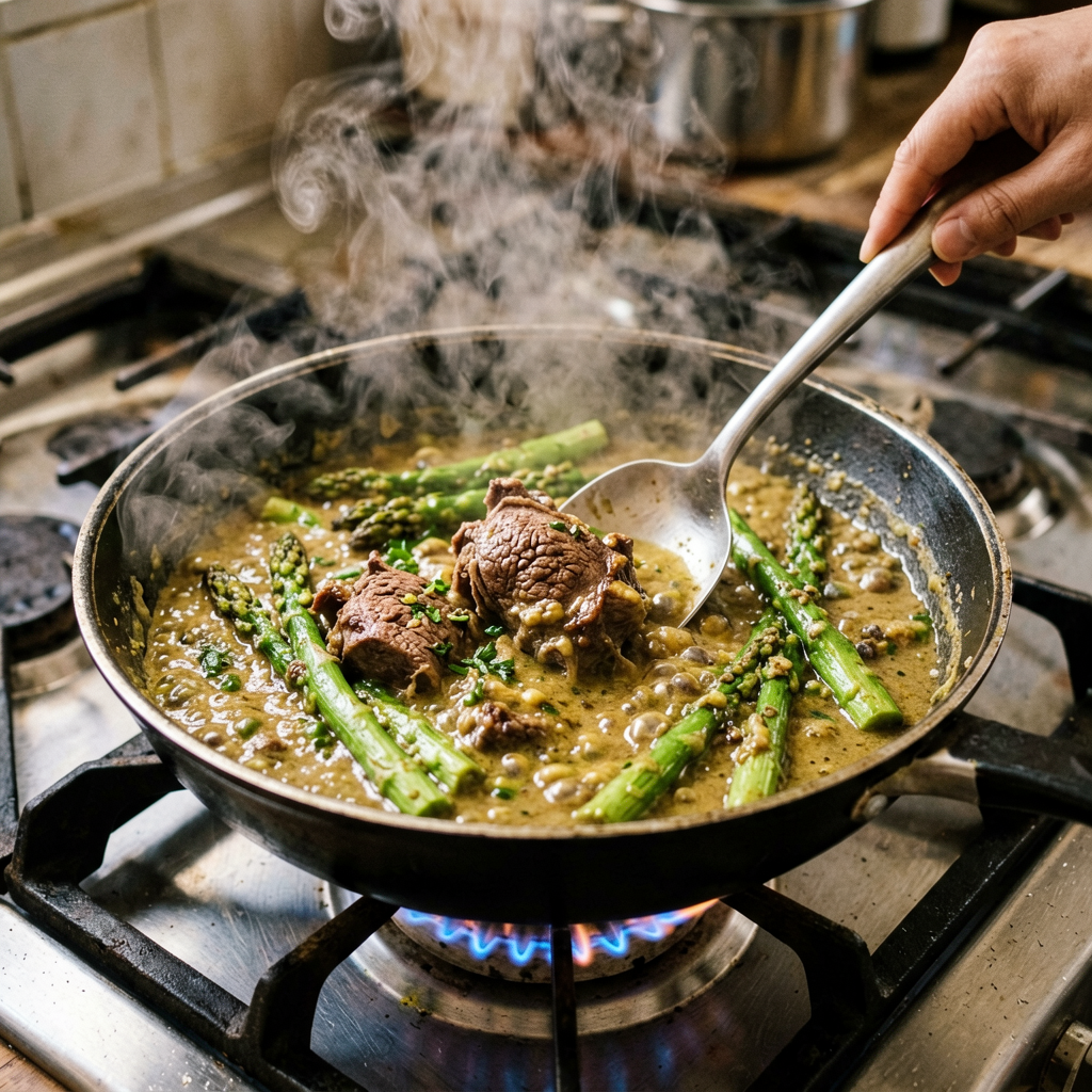 Cooking process shot, Lamb and Asparagus Curry (American) in pan, steam rising, professional action photography