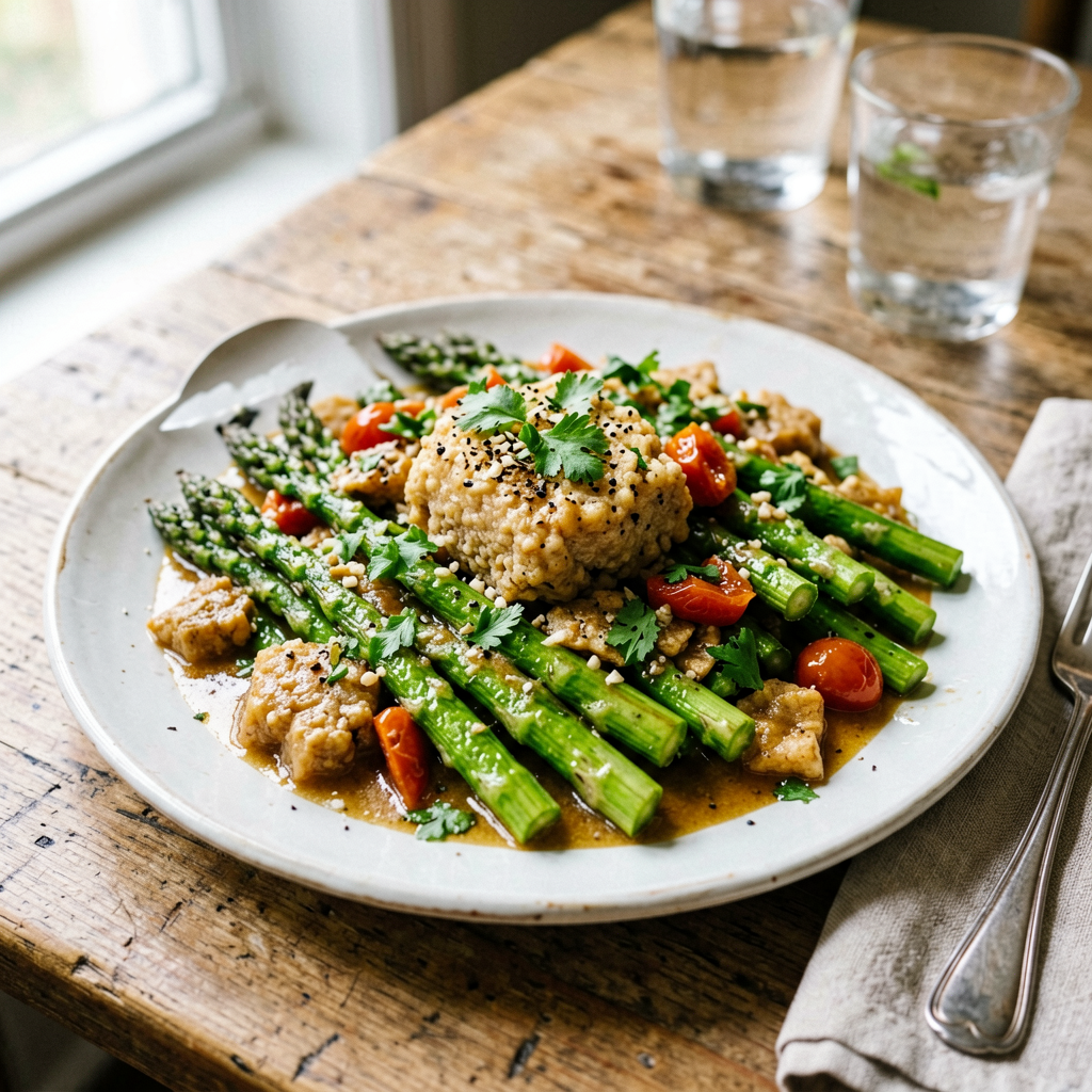 Finished Lamb and Asparagus Stir Fry (Mexican) beautifully plated, professional food photography, natural lighting