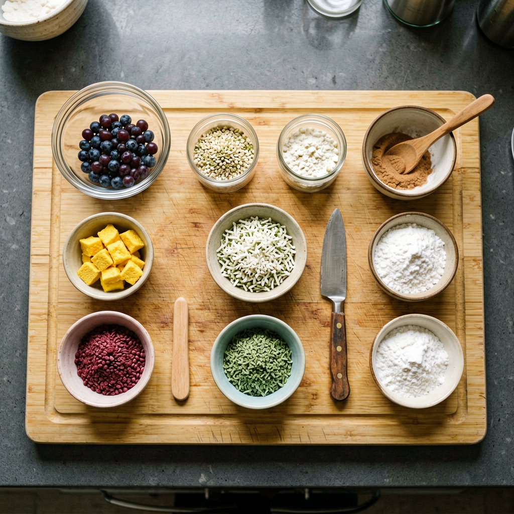 Ingredients prepped and organized on cutting board, mise en place, professional kitchen setup