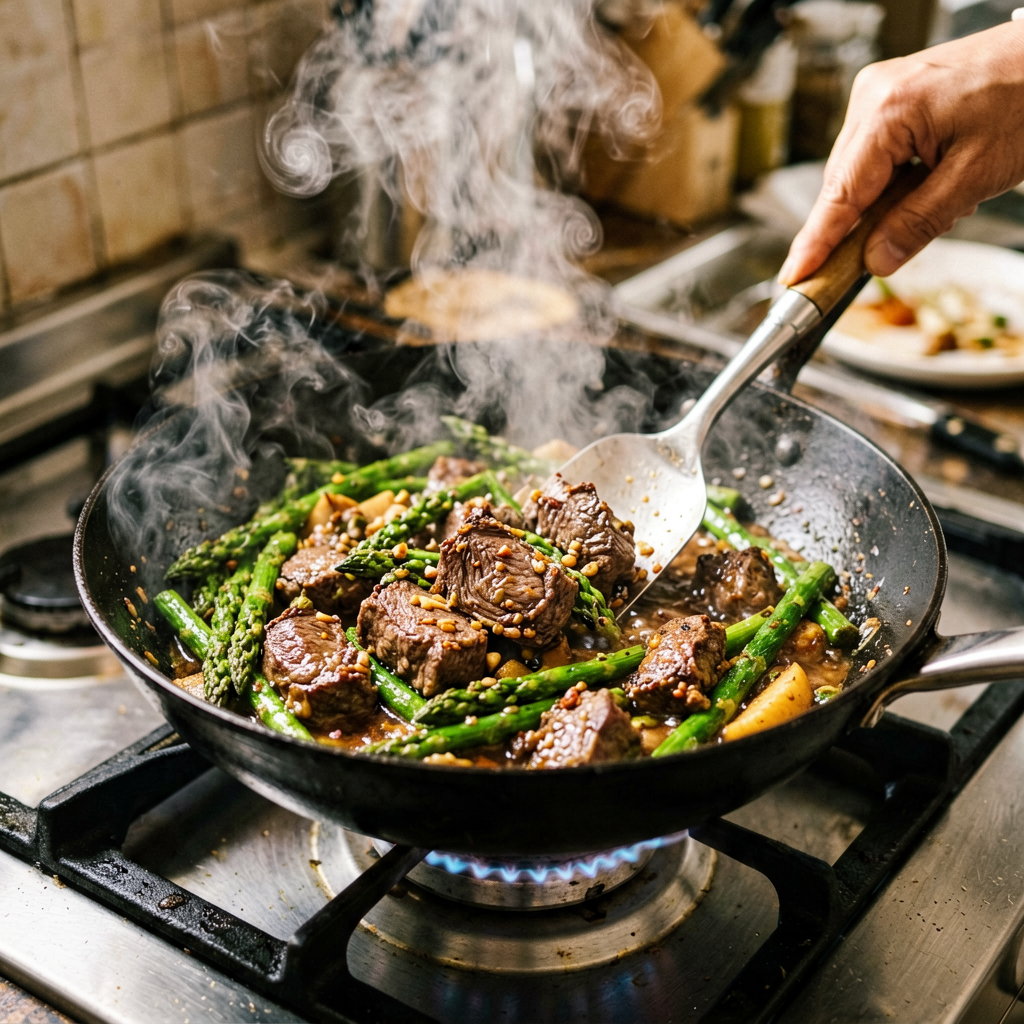 Cooking process shot, Lamb and Asparagus Stir Fry (Mexican) in pan, steam rising, professional action photography