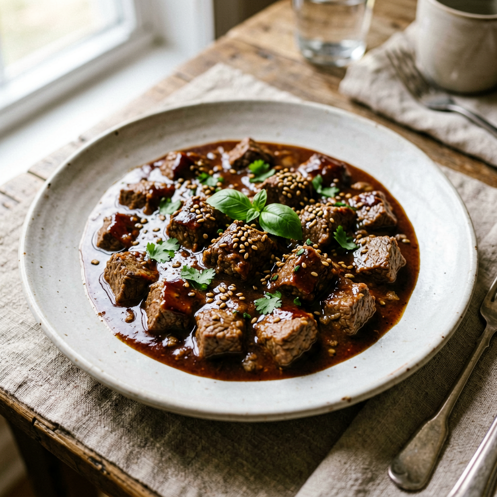 Finished Low-Carb Beef Curry with Teriyaki Glaze beautifully plated, professional food photography, natural lighting