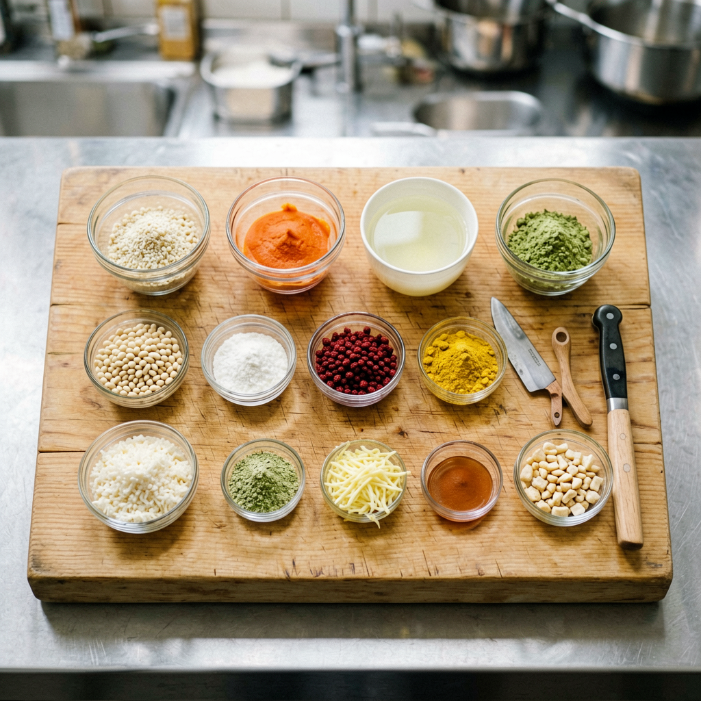 Ingredients prepped and organized on cutting board, mise en place, professional kitchen setup