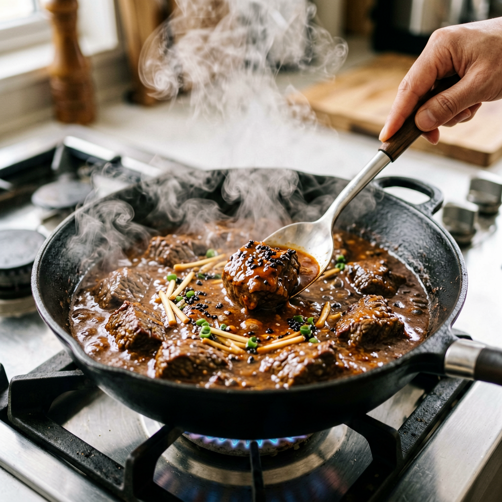 Cooking process shot, Low-Carb Beef Curry with Teriyaki Glaze in pan, steam rising, professional action photography