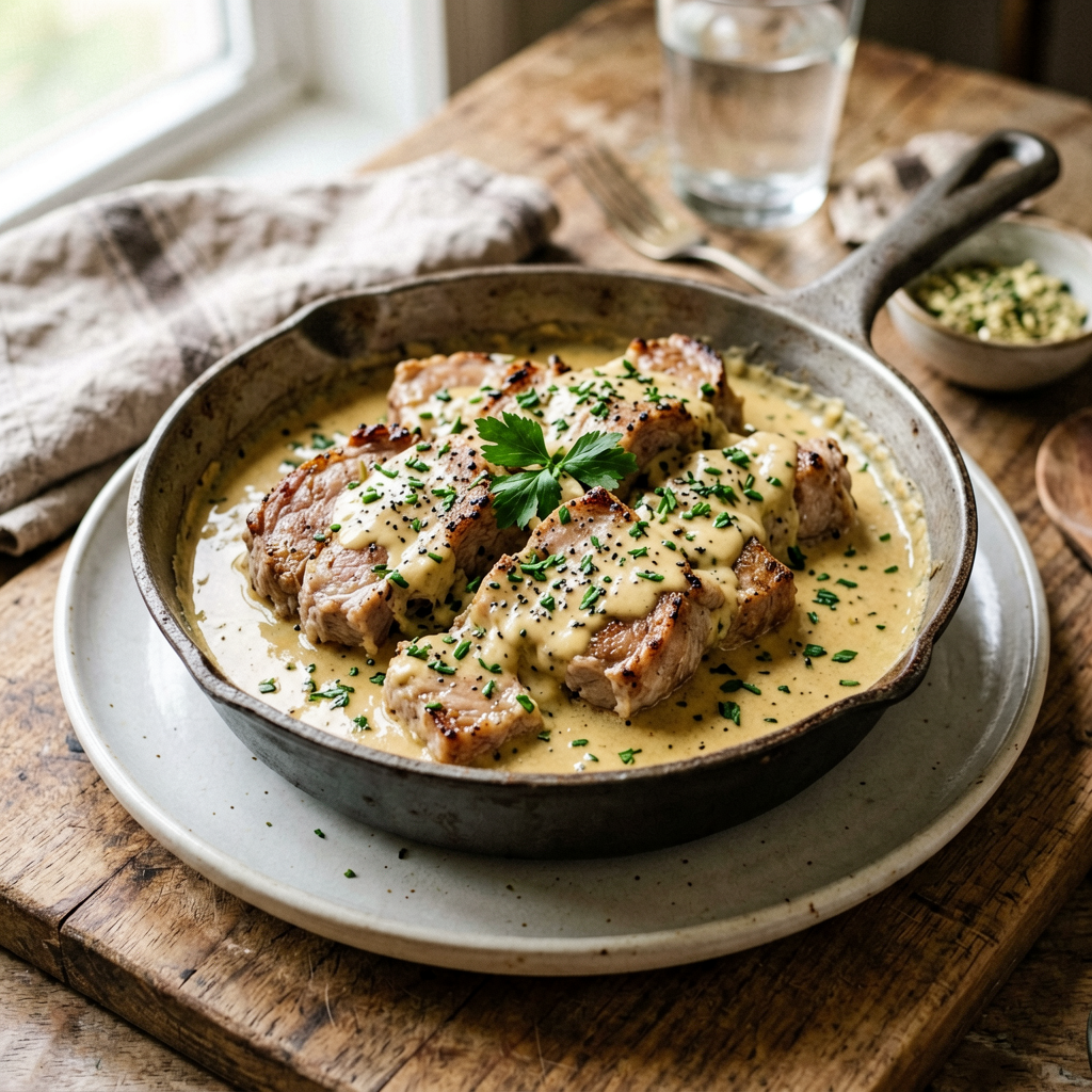Finished Low-Carb Pork Skillet with Creamy Garlic Sauce beautifully plated, professional food photography, natural lighting